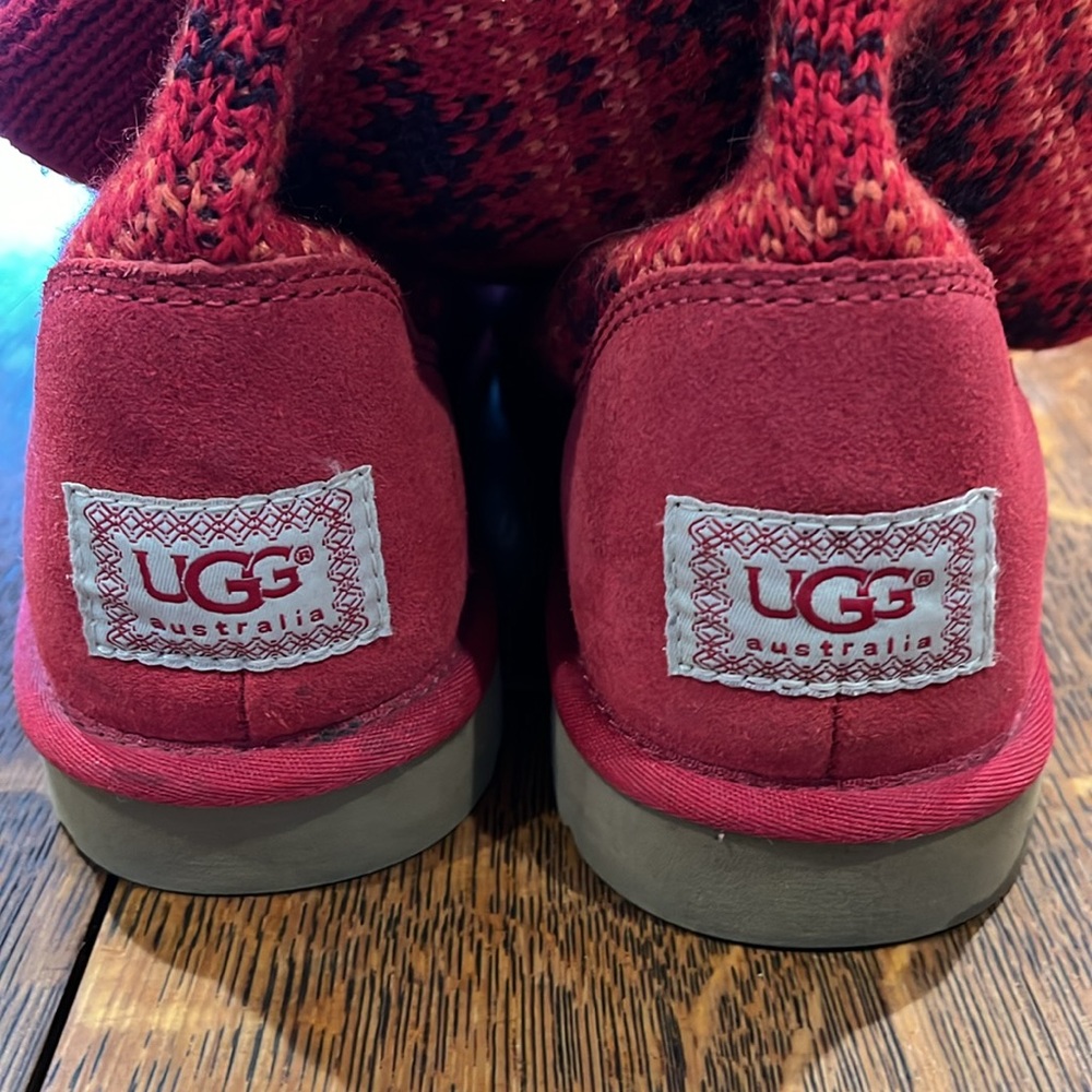 UGG Red & Black Vibrant Plaid Tall Knit Boots; Size 8 - Picture 3 of 8